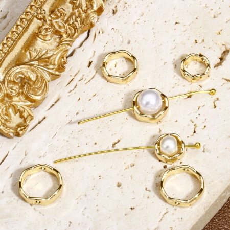 5 Pcs Cadres de Perles en Laiton Rond Vague Plaqué Or Véritable 14K