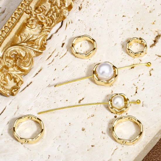 Image de 5 Pcs Cadres de Perles en Laiton Rond Vague Plaqué Or Réel 14K