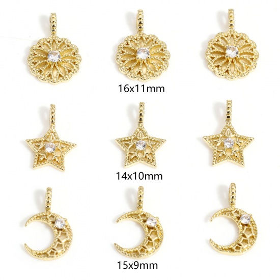 Picture of Brass Charms 14K Real Gold Plated Hollow Clear Cubic Zirconia