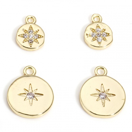 1 Pièce Breloques Galaxie en Laiton Rond Plaqué Or Véritable 14K Etoile Micro Pave à Zircone Cubique Clair