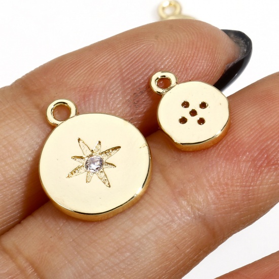 Picture of Brass Galaxy Charms 14K Real Gold Plated Round Star Micro Pave Clear Cubic Zirconia