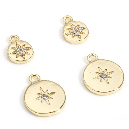 Picture of Brass Galaxy Charms 14K Real Gold Plated Round Star Micro Pave Clear Cubic Zirconia