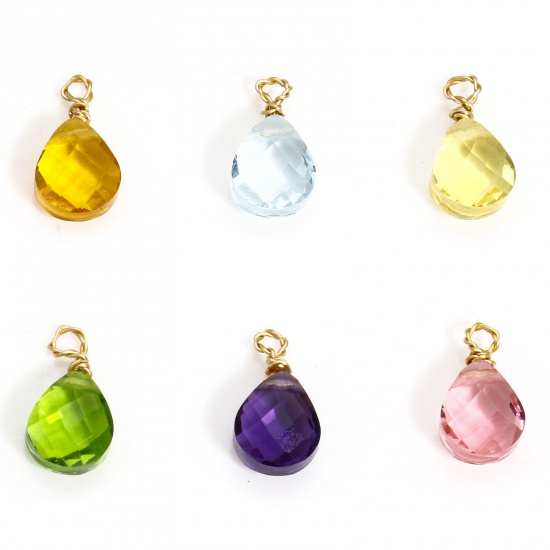 Picture of 304 Stainless Steel & Glass Charms Gold Plated Multicolor Drop Faceted 11mm x 6mm