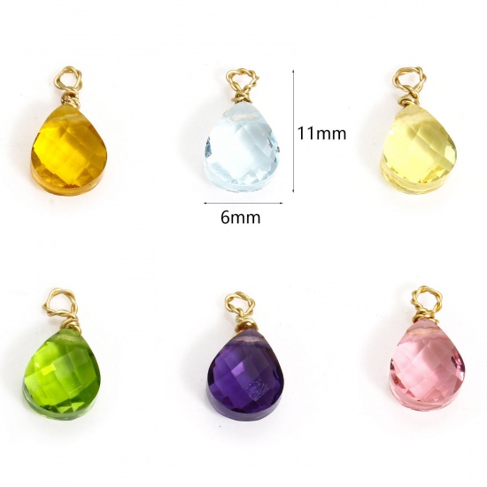 Picture of 304 Stainless Steel & Glass Charms Gold Plated Multicolor Drop Faceted 11mm x 6mm