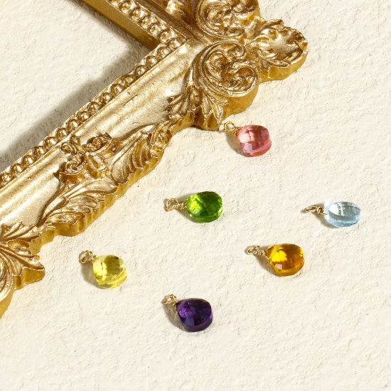 Picture of 304 Stainless Steel & Glass Charms Gold Plated Multicolor Drop Faceted 11mm x 6mm