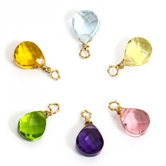 Picture of 304 Stainless Steel & Glass Charms Gold Plated Multicolor Drop Faceted 11mm x 6mm