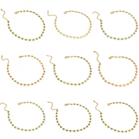 Bild von 1 Strang 304 Edelstahl Handgefertigte Gliederkette Fußketten 18K Gold Emaille Blumen 25cm lang