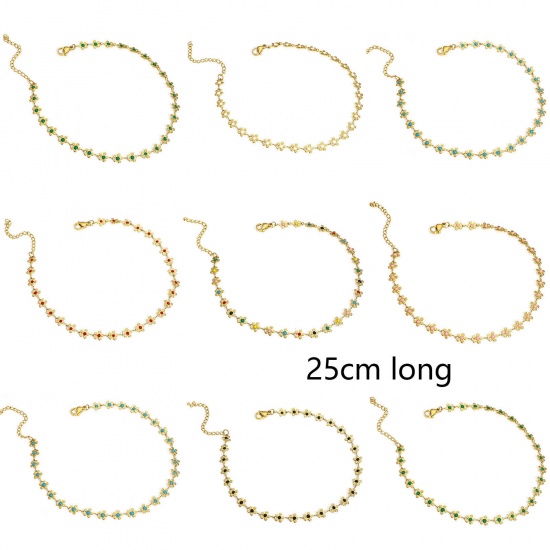 Picture of 304 Stainless Steel Handmade Link Chain Anklet 18K Gold Color Enamel Flower 25cm(9 7/8") long