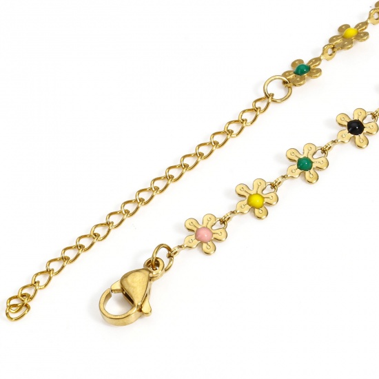 Picture of 1 Piece Vacuum Plating 304 Stainless Steel Handmade Link Chain Anklet 18K Gold Color Enamel Flower 25cm(9 7/8") long
