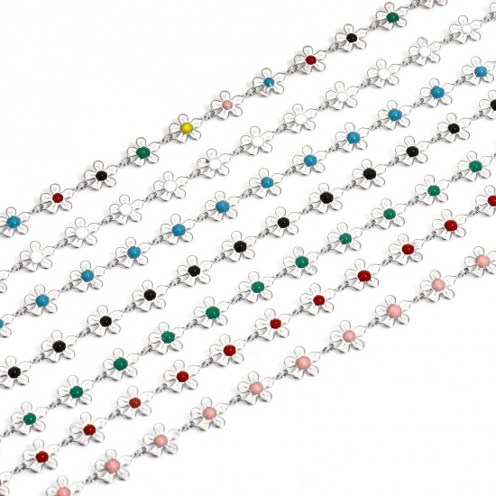 Picture of 304 Stainless Steel Handmade Link Chain Anklet Silver Tone Enamel Flower 25cm(9 7/8") long