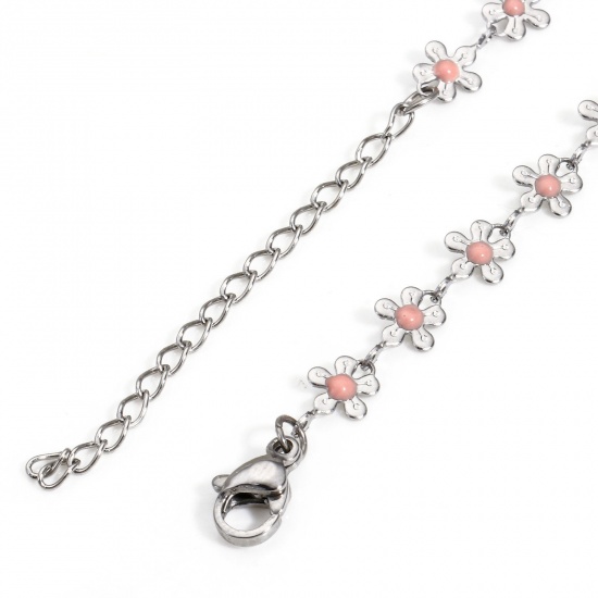 Picture of 304 Stainless Steel Handmade Link Chain Anklet Silver Tone Enamel Flower 25cm(9 7/8") long