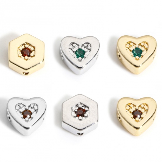 Picture of Brass Valentine's Day Beads For DIY Charm Jewelry Making Real Gold Plated Heart Hexagon Multicolour Cubic Zirconia