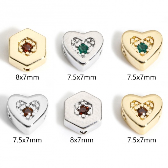 Picture of Brass Valentine's Day Beads For DIY Charm Jewelry Making Real Gold Plated Heart Hexagon Multicolour Cubic Zirconia