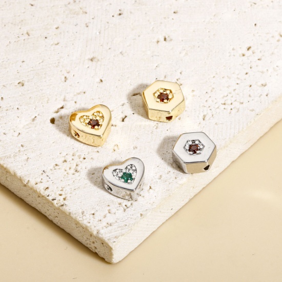 Immagine di 2 Pz Ottone San Valentino Perline per la Creazione di Gioielli con Ciondoli Fai-da-te Oro riempito Cuore Esagono Multicolore Cubic Zirconiae
