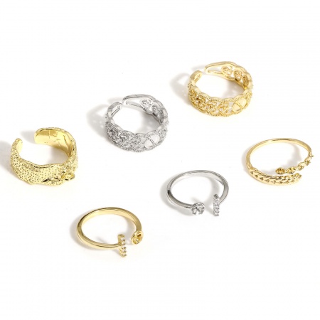 1 Pièce Bague Semi-montée pour Réglage de Perles DIY Élégant en Laiton Ouvert Ajoustable Dentelle Plaqué Or Véritable à Strass Transparent