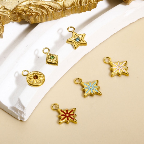 Picture of Eco-friendly Vacuum Plating 304 Stainless Steel Galaxy Charms Gold Plated Star Enamel Multicolor Rhinestone