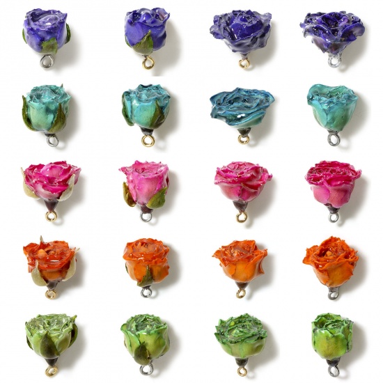 Picture of 1 Piece Resin & Real Dried Flower Handmade Resin Jewelry Real Flower Charms Flower Leaves Multicolor Multicolor 3D 20mm x 16mm