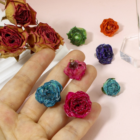 Picture of Handmade Resin Jewelry Real Flower Charms Flower Leaves Multicolor Multicolor 3D 20mm x 16mm