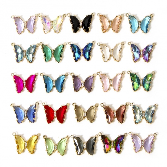 Imagen de 5 Unidades Latón + Vidrio Insecto Conectores Dijes Colgantes Chapado en Oro Multicolor Mariposa Transparente Rhinestone 22mm x 17mm