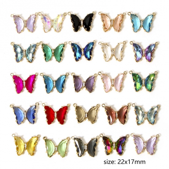Imagen de 5 Unidades Latón + Vidrio Insecto Conectores Dijes Colgantes Chapado en Oro Multicolor Mariposa Transparente Rhinestone 22mm x 17mm