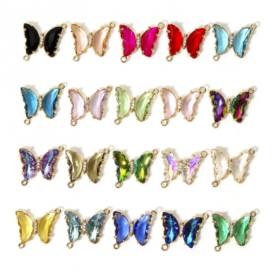 Image de 5 Pcs Connecteurs Pendentifs Breloques Insecte en Laiton+Verre Doré Multicolore Papillon à Strass Transparent 22mm x 22mm