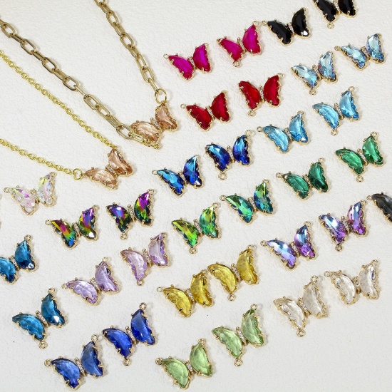 Picture of Brass & Glass Insect Connectors Charms Pendants Gold Plated Multicolor Butterfly Animal Clear Rhinestone 22mm x 22mm