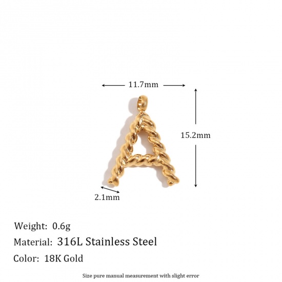 Immagine di 1 Piece 304 Stainless Steel Charms 18K Gold Color Capital Alphabet/ Letter Twisted 11.7mm x 15.2mm