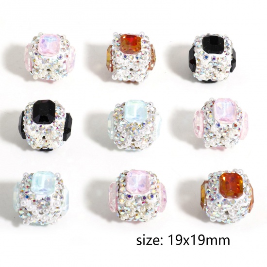 Picture of Polymer Clay Beads For DIY Charm Jewelry Making Cube Multicolor AB Color Rhinestone About 19mm x 12mm, Hole: Approx 1.6mm