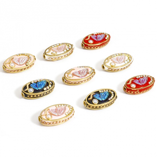Picture of Polymer Clay Beads For DIY Charm Jewelry Making Oval Multicolor Butterfly Pattern AB Color Rhinestone About 25mm x 14mm, Hole: Approx 1.8mm