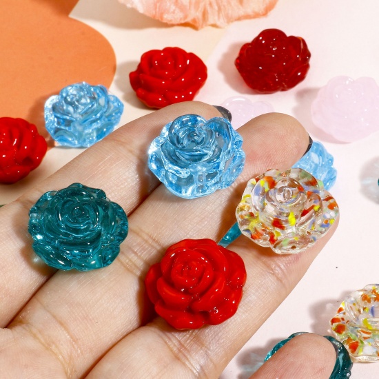 Picture of Lampwork Glass Valentine's Day Beads For DIY Charm Jewelry Making Rose Flower Multicolor 3D About 18mm x 18mm, Hole: Approx 1.2mm