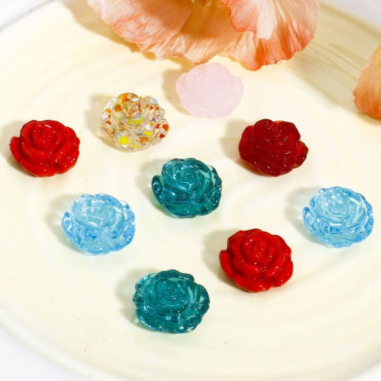 Picture of Lampwork Glass Valentine's Day Beads For DIY Charm Jewelry Making Rose Flower Multicolor 3D About 18mm x 18mm, Hole: Approx 1.2mm