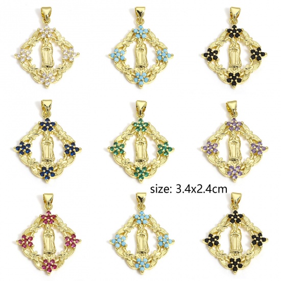 Picture of Brass Religious Pendants 18K Gold Color Rhombus Virgin Mary 3.4cm x 2.4cm