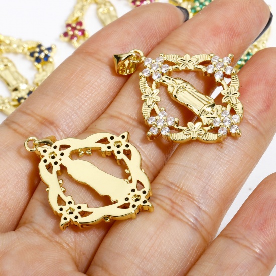 Picture of Brass Religious Pendants 18K Gold Color Rhombus Virgin Mary 3.4cm x 2.4cm