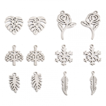 Eco-friendly 304 Stainless Steel Exquisite Charms Silver Tone Rose Flower Flower Leaves Hollow