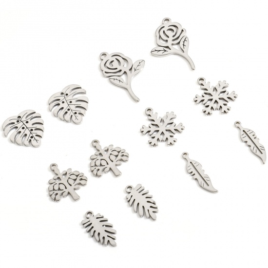 Bild von Eco-friendly 304 Stainless Steel Exquisite Charms Silver Tone Rose Flower Flower Leaves Hollow