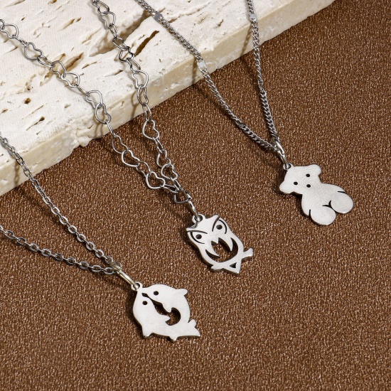 Immagine di Eco-friendly 304 Stainless Steel Cute Charms Silver Tone Bear Animal Cat Hollow