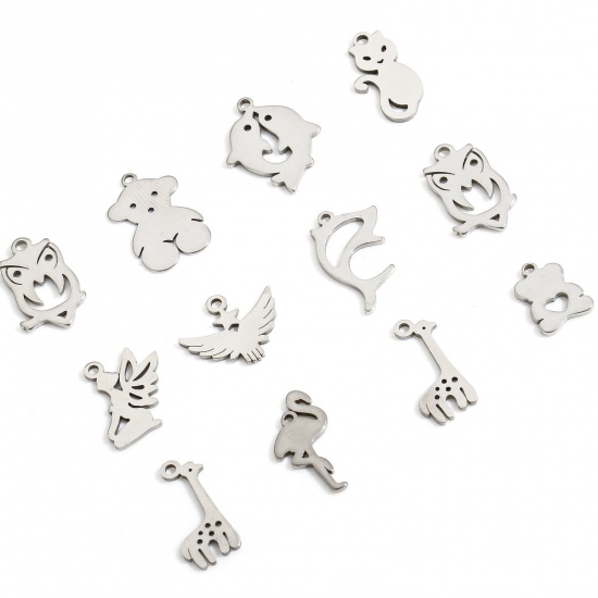Picture of Eco-friendly 304 Stainless Steel Cute Charms Silver Tone Bear Animal Cat Hollow