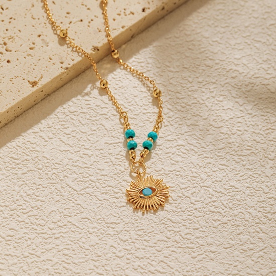 Picture of Eco-friendly Vacuum Plating Retro Religious 18K Real Gold Plated Copper & Turquoise Ball Chain Sun Evil Eye Pendant Necklace For Women Party