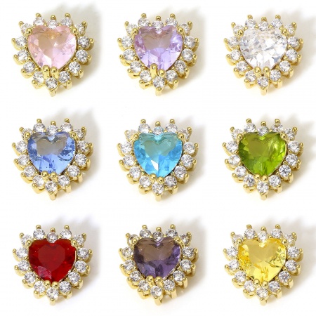 1 Pièce Breloques La Saint Valentin en Laiton Cœur Plaqué Or Véritable 18K Multicolore à Zircone Cubique Clair 10mm x 10mm