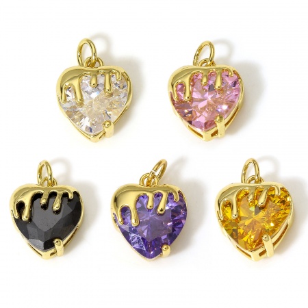 Brass Valentine's Day Charms 18K Real Gold Plated Melt Love Heart Multicolour Cubic Zirconia 16mm x 11mm Brass Valentine's Day Charms 18K Real Gold Plated Melt Love Heart Multicolour Cubic Zirconia 16mm x 11mm