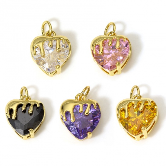 Picture of Brass Valentine's Day Charms 18K Real Gold Plated Melt Love Heart Multicolour Cubic Zirconia 16mm x 11mm