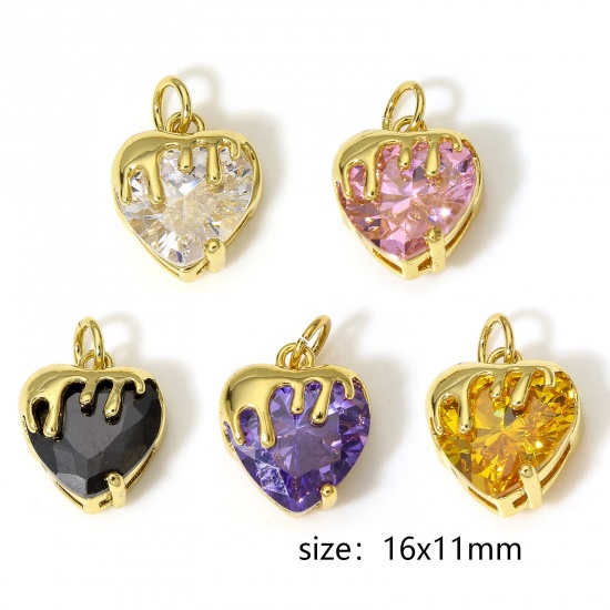 Picture of Brass Valentine's Day Charms 18K Real Gold Plated Melt Love Heart Multicolour Cubic Zirconia 16mm x 11mm