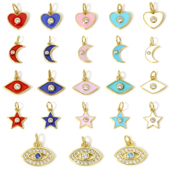 Picture of Charms 18K Real Gold Plated Half Moon Star Enamel Clear Cubic Zirconia