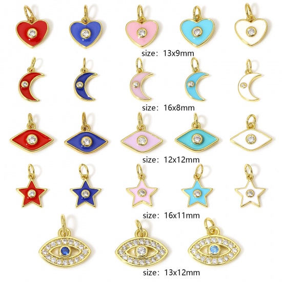 Picture of Charms 18K Real Gold Plated Half Moon Star Enamel Clear Cubic Zirconia