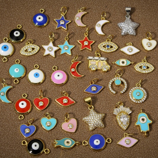 Picture of Charms 18K Real Gold Plated Half Moon Star Enamel Clear Cubic Zirconia