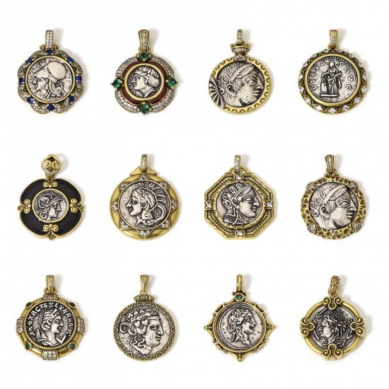 Picture of Brass Pendants Antique Bronze Antique Silver Two Tone Color Coin Beauty Lady