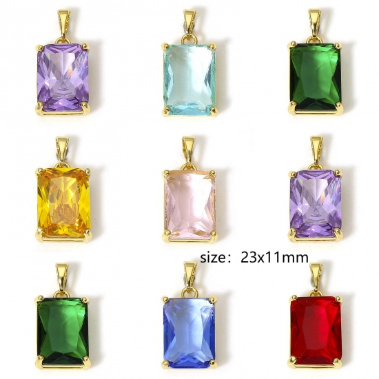 Picture of Brass Geometric Charms 18K Real Gold Plated Rectangle Multicolour Cubic Zirconia 23mm x 11mm