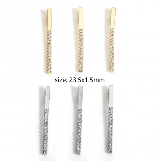 Imagen de 2 Unidades Latón Geométrico Colgantes Charms Tira Oro Real Chapado Micro Pave Claro Circón Artificial 23.5mm x 1.5mm