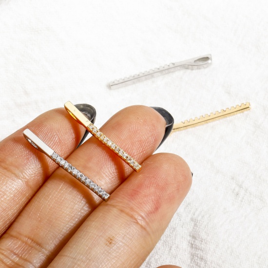 Imagen de 2 Unidades Latón Geométrico Colgantes Charms Tira Oro Real Chapado Micro Pave Claro Circón Artificial 23.5mm x 1.5mm