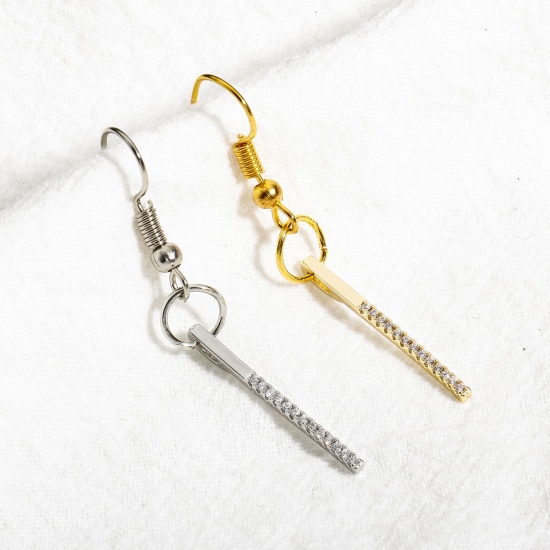 Imagen de 2 Unidades Latón Geométrico Colgantes Charms Tira Oro Real Chapado Micro Pave Claro Circón Artificial 23.5mm x 1.5mm